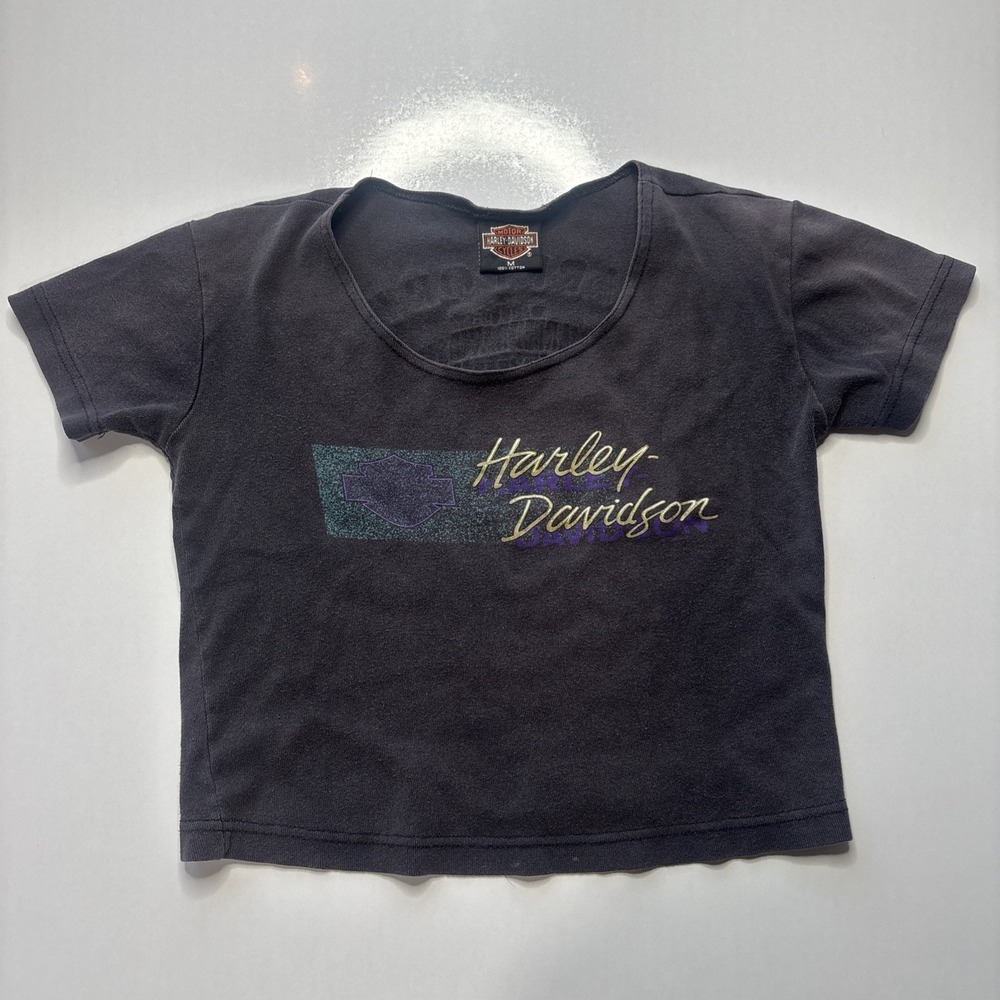 Y2K VTG Harley-Davidson Womens M Black Graphic T-Shirt Baby Tee Arkport NY